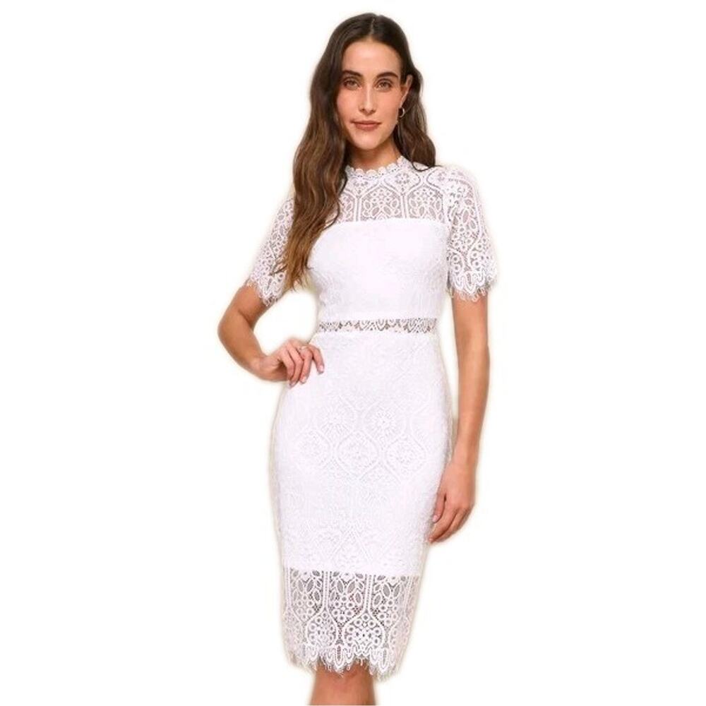 LULUS White Remarkable Sheer Lace Short Sleeve Mini Sheath Dress Women's Large